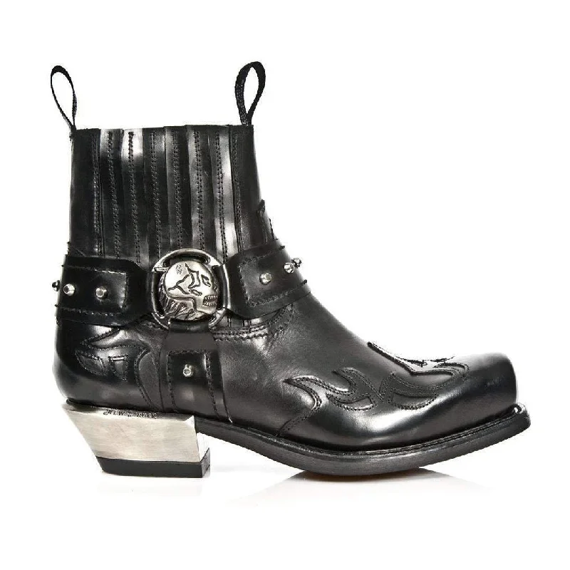 New Rock Men's Designer Shoes Antique Black Western Calf-Skin Boots M-7966-S1 (NR1135)