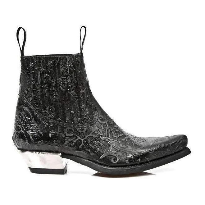 New Rock Men's Designer Shoes Black Vintage Flower Print Western Boots M-7953-S21 (NR1137)