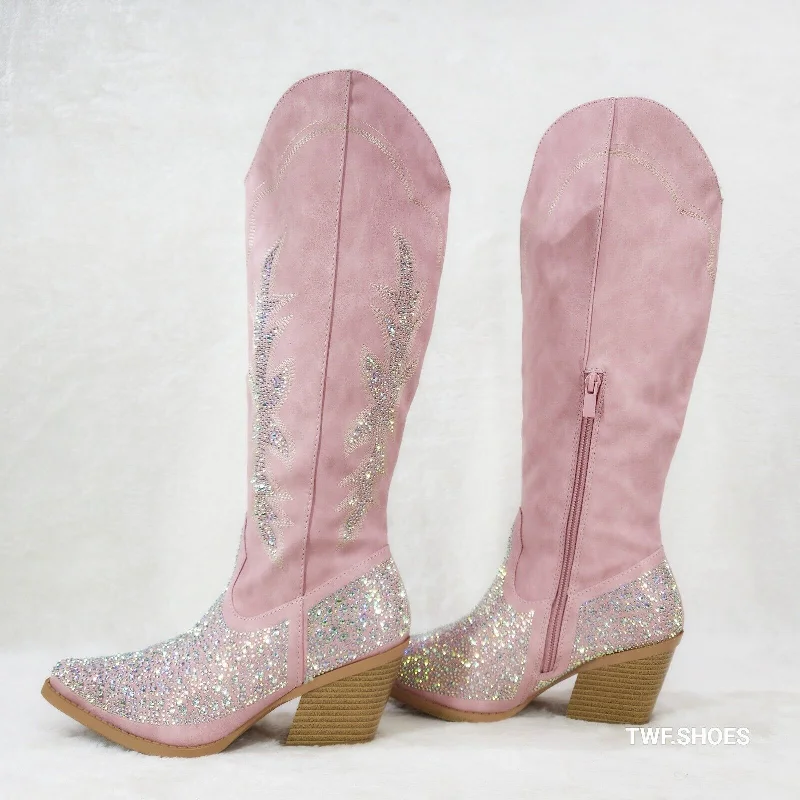 Crystal Pink Leatherette With Rhinestones Country Glam Western Cowgirl Knee Boots