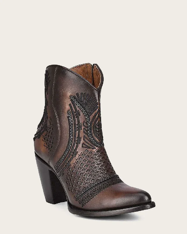 Artisan embroidered brown leather bootie