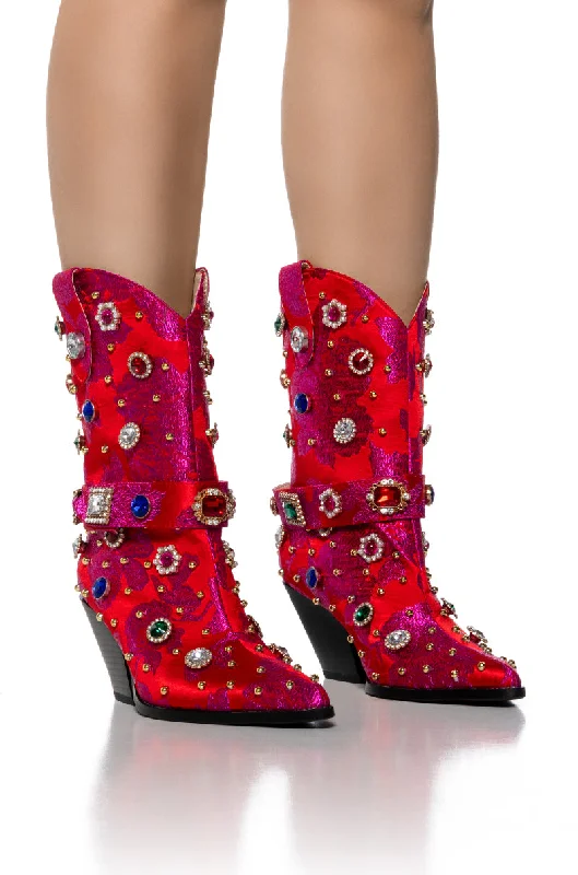 AZALEA WANG DILIGENT RED BROCADE AND GEMS WESTERN BOOTIE