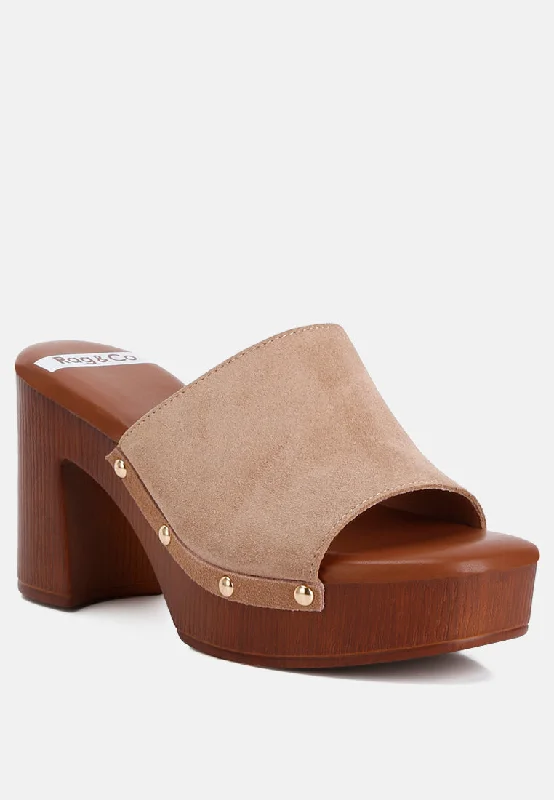 Cartera Suede High Block Heel Clogs In Tan