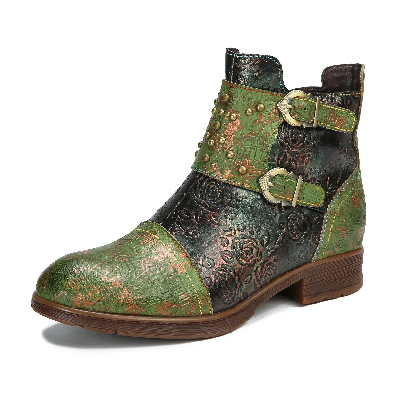 CrazycatZ Womens Studded Western Leather Boots Colorful Leather Ankle Boots Green