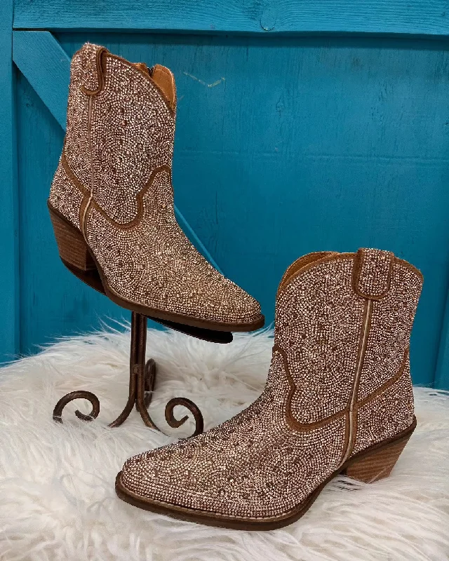 Dingo Women's Rose Gold Rhinestone Cowgirl Ankle Booties DI577-RG