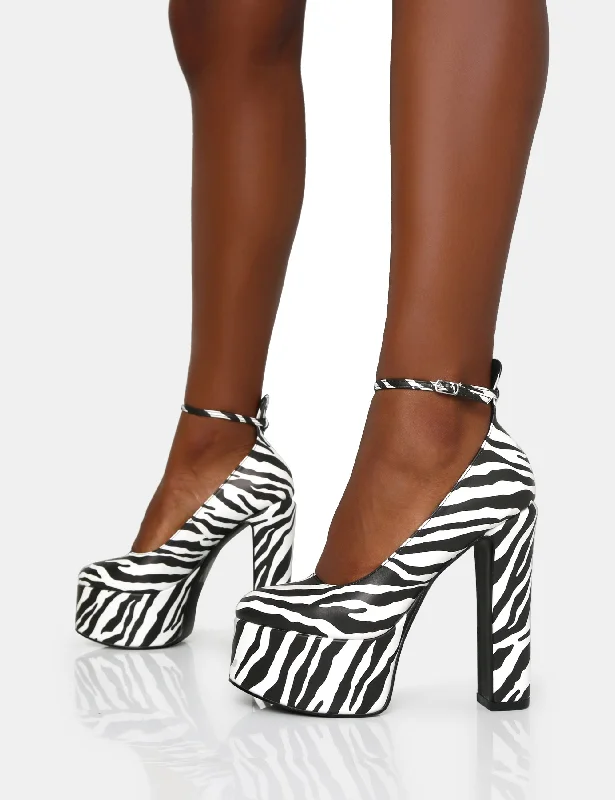 Donatella Zebra Print Ankle Strap Rounded Toe Platform Block Heels