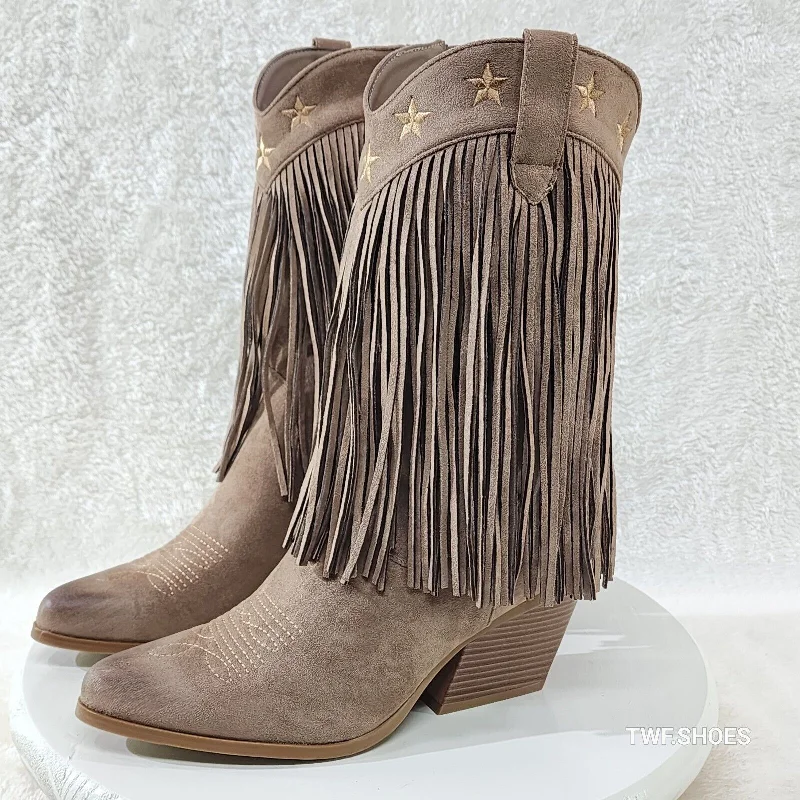 Dusty Mid Calf Coco Taupe Fringe Country Western Cowgirl Boots