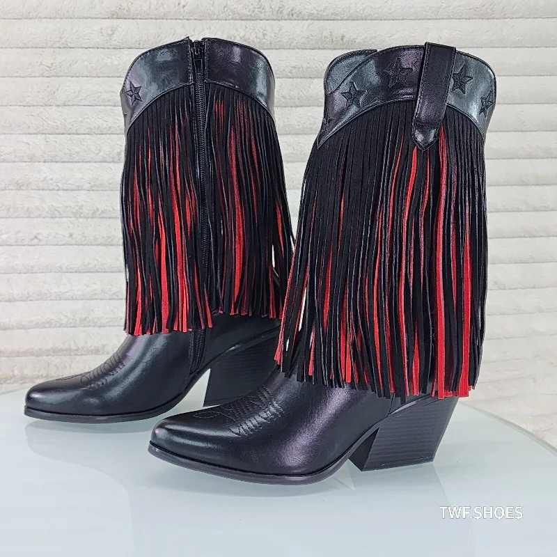 Dusty Roads Mid Calf Black and Red Fringe Country Western Cowgirl Boots