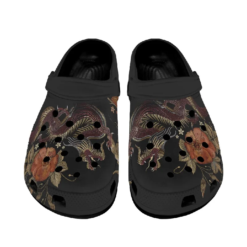 Embroidery Two Chinese Dragons and Roses Flowers Women's Black Sole Clogs