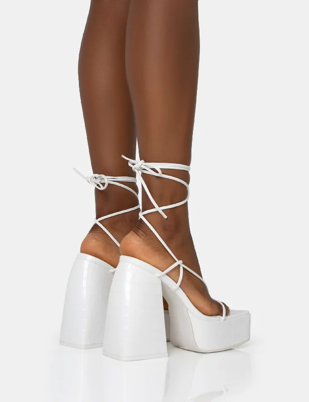 Envy White Croc Strappy Lace Up Square Toe Chunky Platform Block Heels