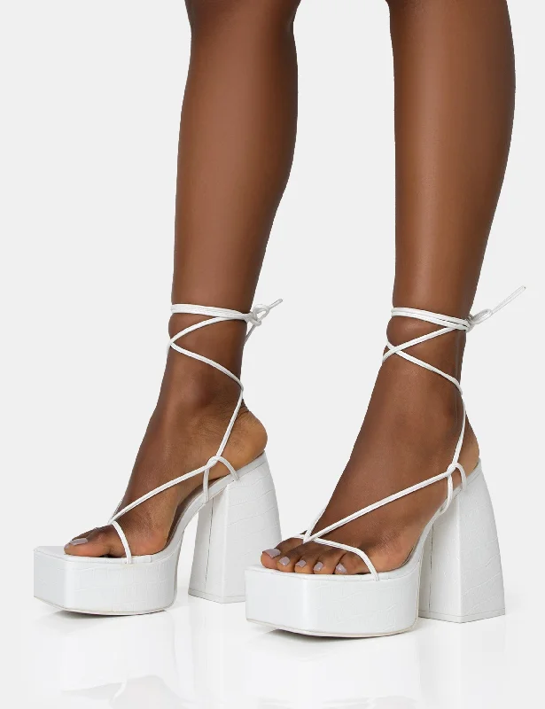 Envy White Croc Strappy Lace Up Square Toe Chunky Platform Block Heels