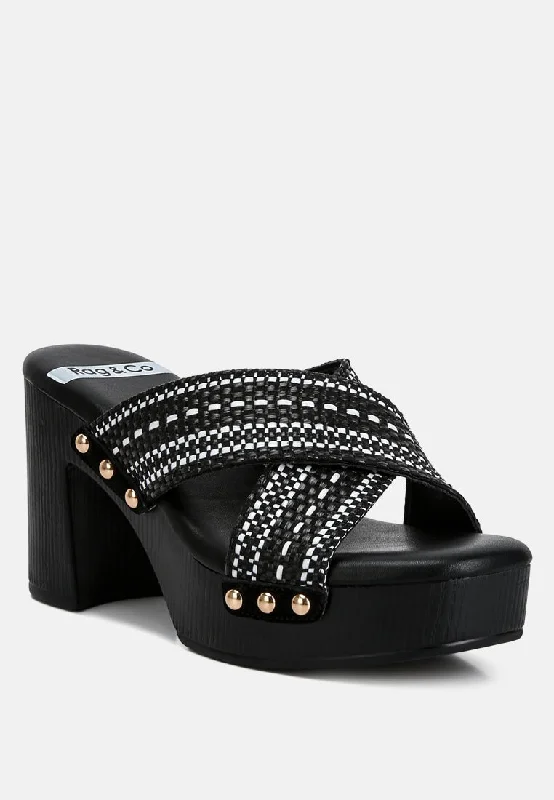 FInley Raffia High Block Heel Clogs In Black