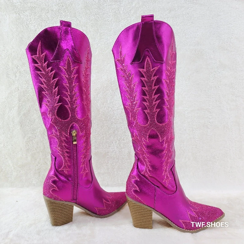 Flash Brush Metallic Matte Rhinestone Western Knee High Cowgirl Boots Hot Pink