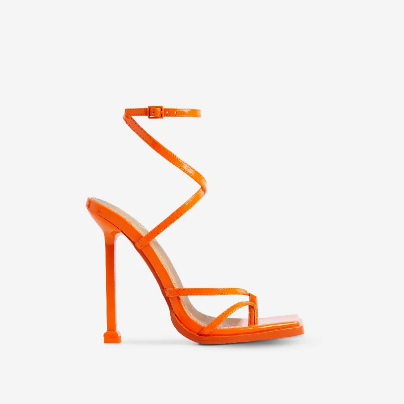 Galaxy Strappy Square Toe Stiletto Heel In Orange Patent