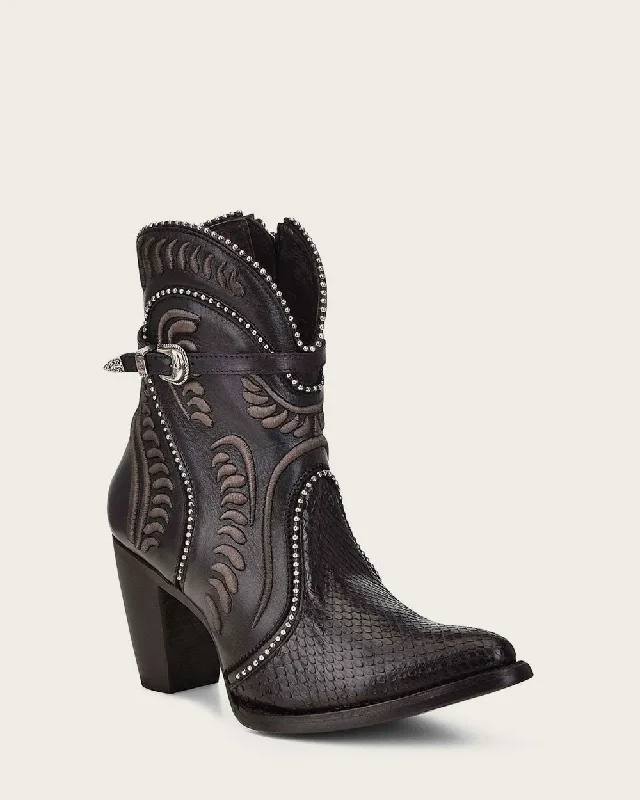 Ankle booties black python leather