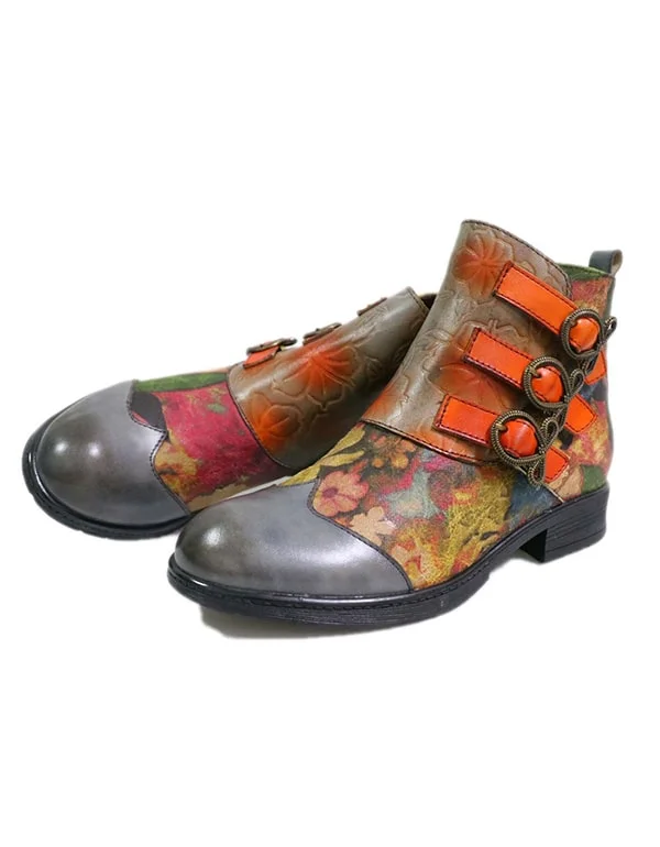 Handmade Ethnic Style Buckle Print Leather Ankle Boots