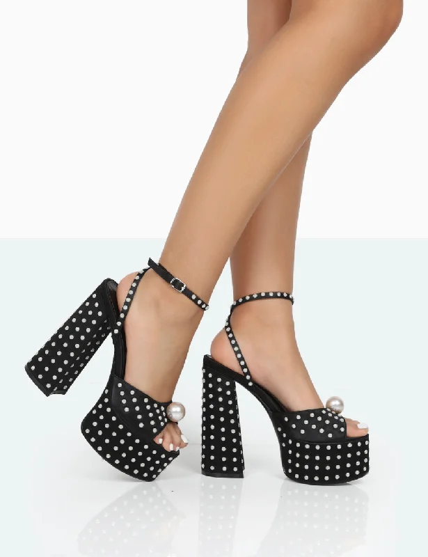 Mia Black Satin Pearl Open Toe Block Platform Heels