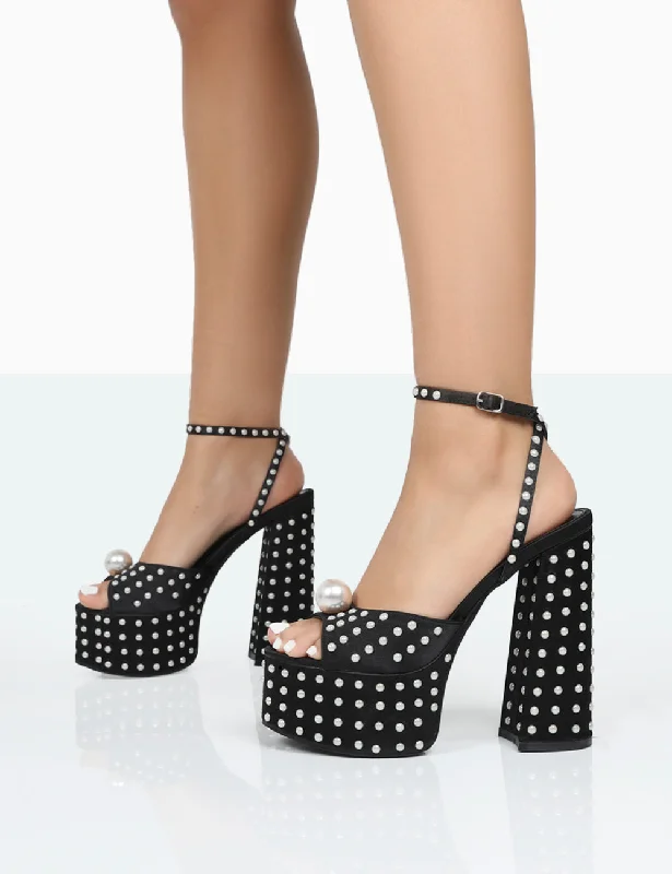 Mia Black Satin Pearl Open Toe Block Platform Heels