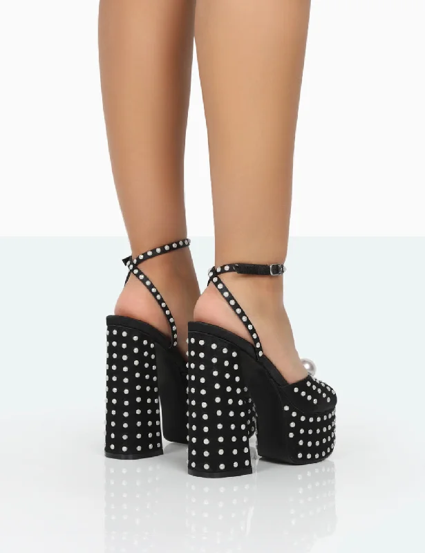 Mia Black Satin Pearl Open Toe Block Platform Heels