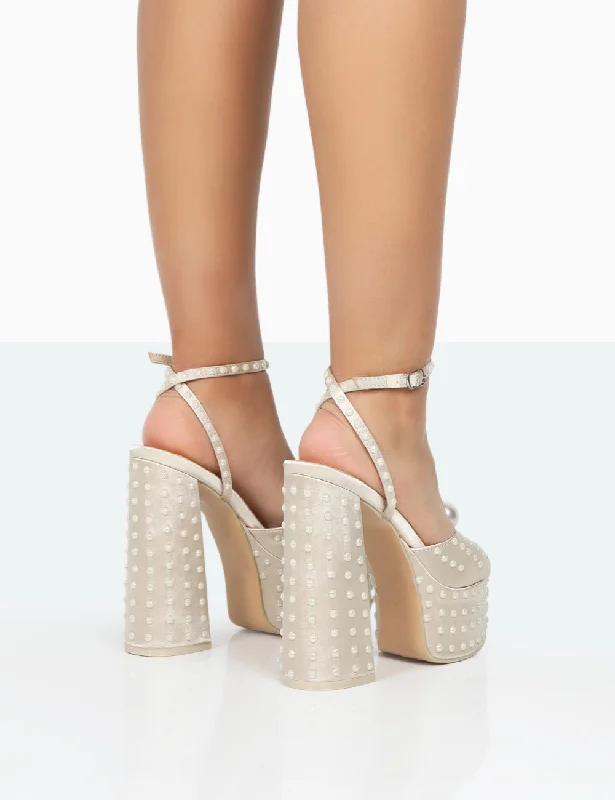 Mia Ecru Satin Pearl Open Toe Block Platform Heels