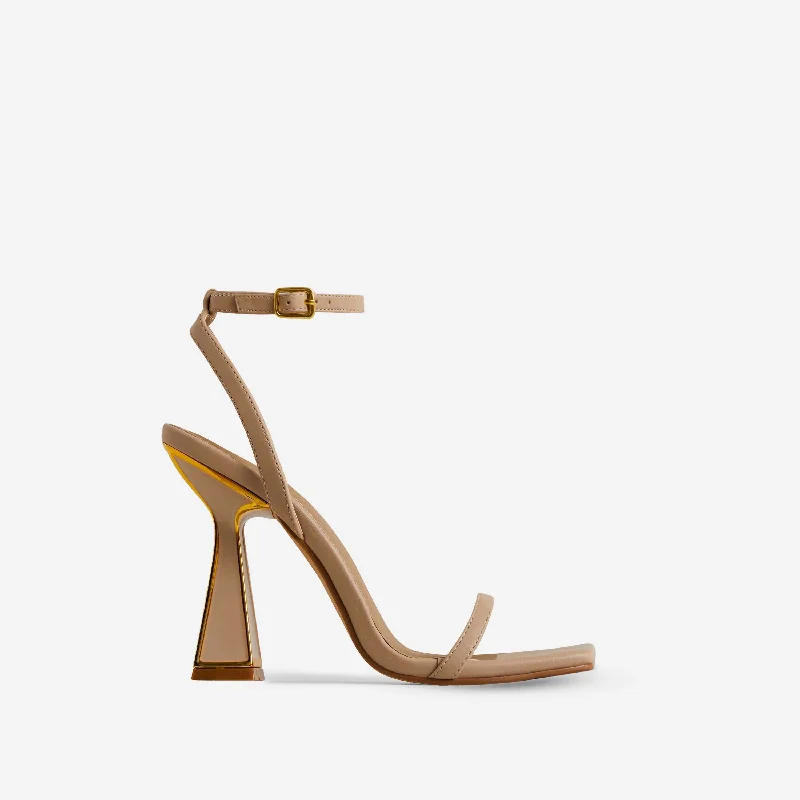 Pearl Gold Detail Square Toe Barely There Statement Block Heel In Nude Faux Leather