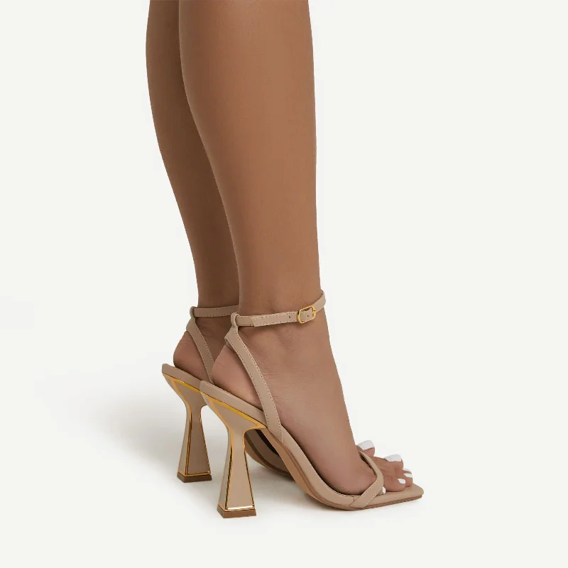 Pearl Gold Detail Square Toe Barely There Statement Block Heel In Nude Faux Leather