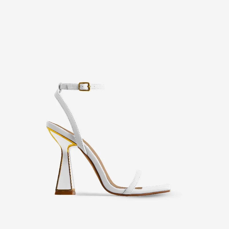 Pearl Gold Detail Square Toe Barely There Statement Block Heel In White Faux Leather