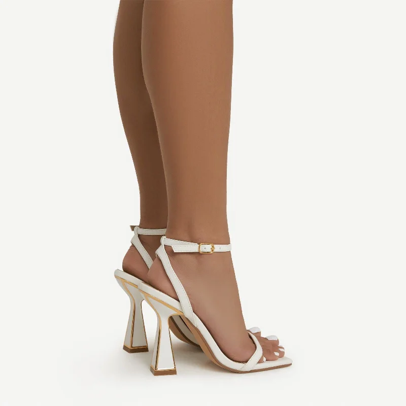 Pearl Gold Detail Square Toe Barely There Statement Block Heel In White Faux Leather