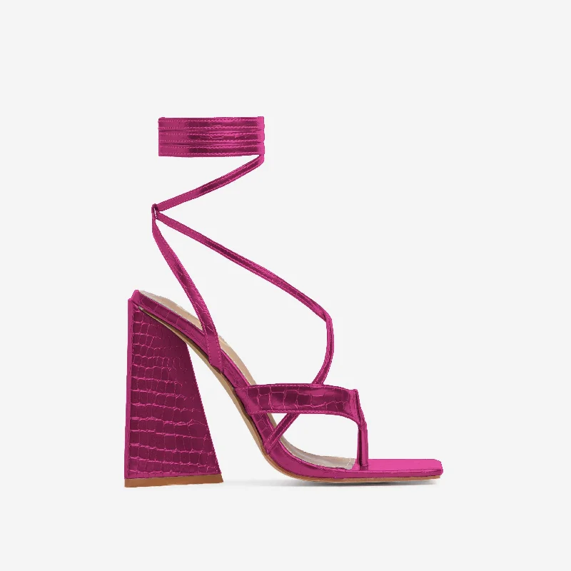 Salma Strappy Lace Up Square Toe Sculptured Flared Block Heel In Metallic Pink Croc Print Faux Leather