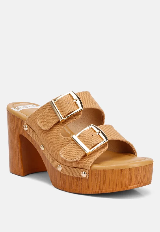 Sarai Buckle Straps High Block Heel Clogs In Tan