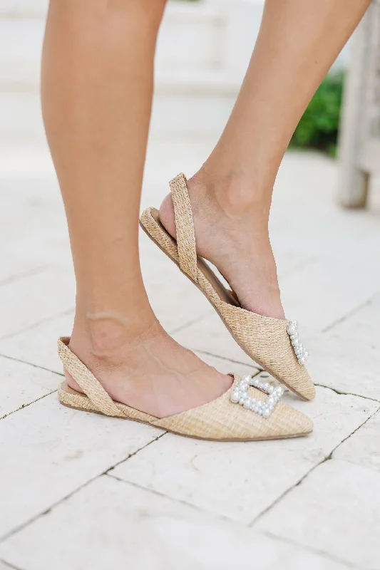 See You There Tan Raffia Pearl Slingback Flats