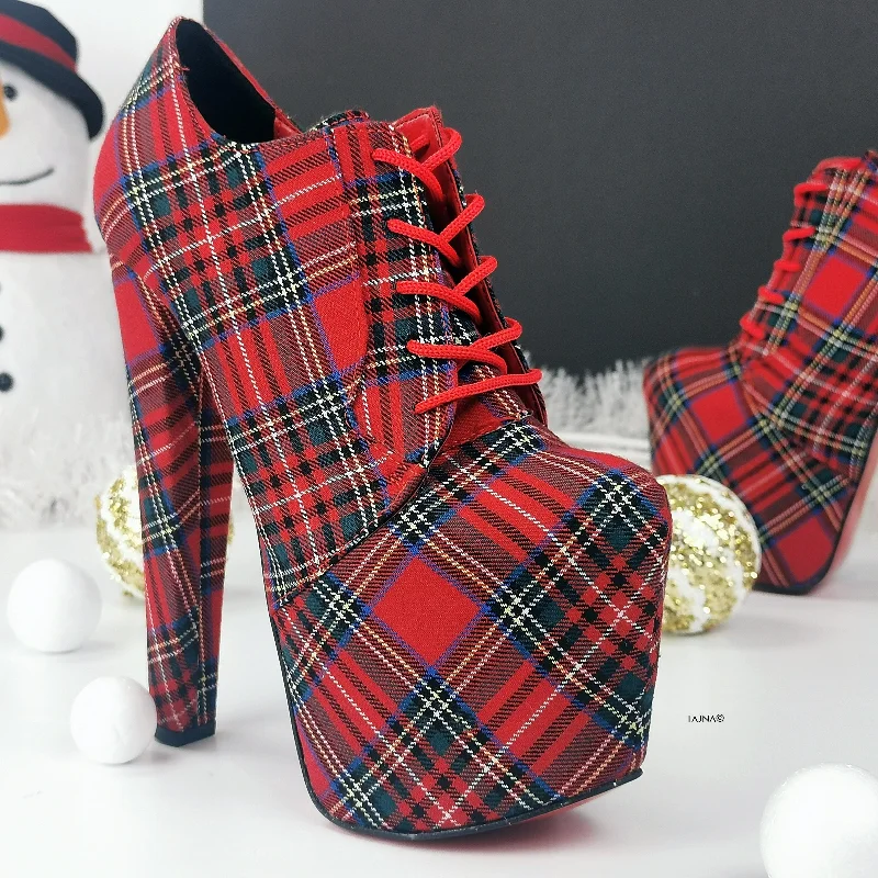 Tartan Red Plaid Oxford Chunky High Heels