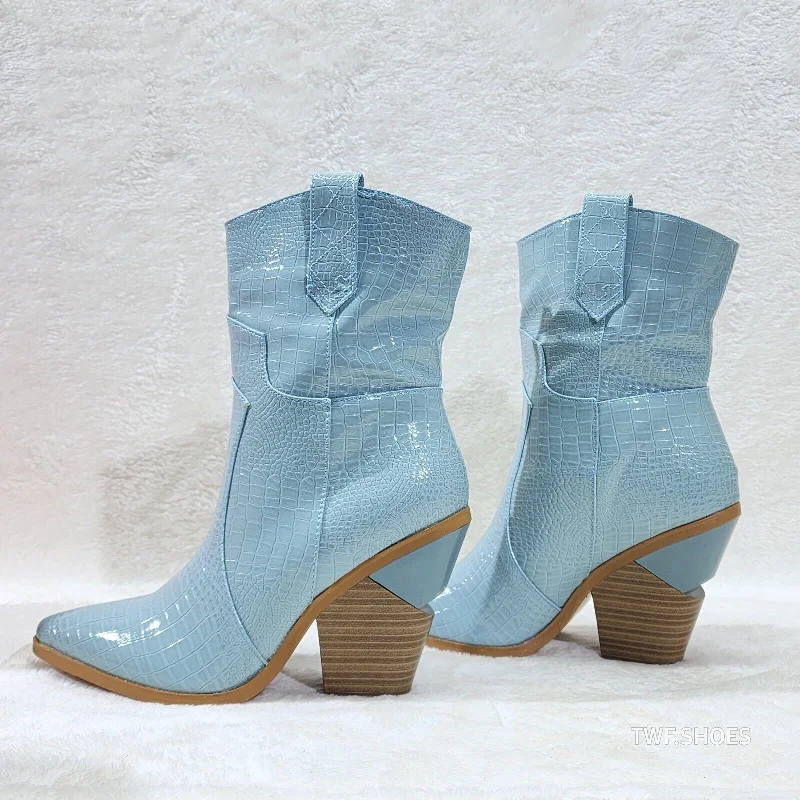 Twisted Blue Patent Country Western Cowgirl Ankle Boots 2 Tone Split Cut Heels