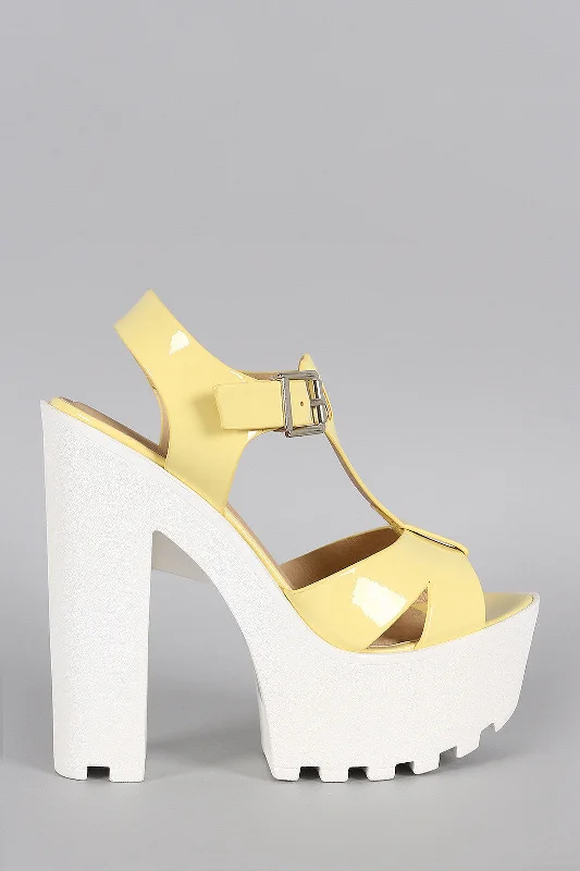 Soda Patent T-Strap Lug Sole Platform Heel