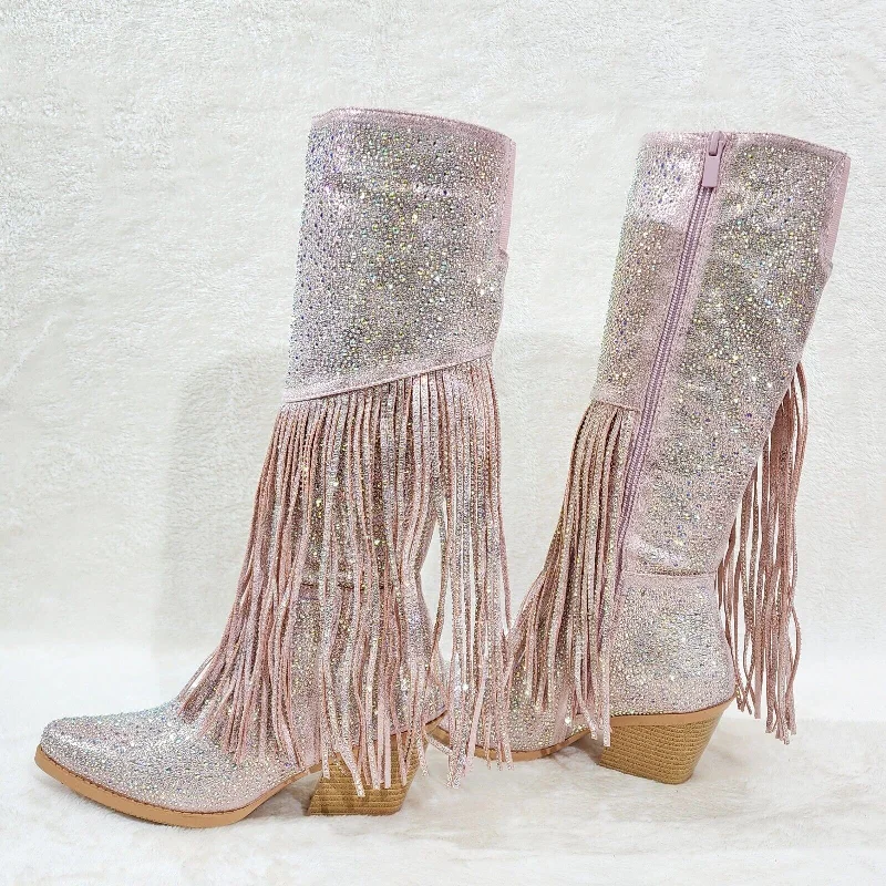 Western Diva Baby Pink Asymmetrical Fringe Rhinestone Glam Cowgirl Boots