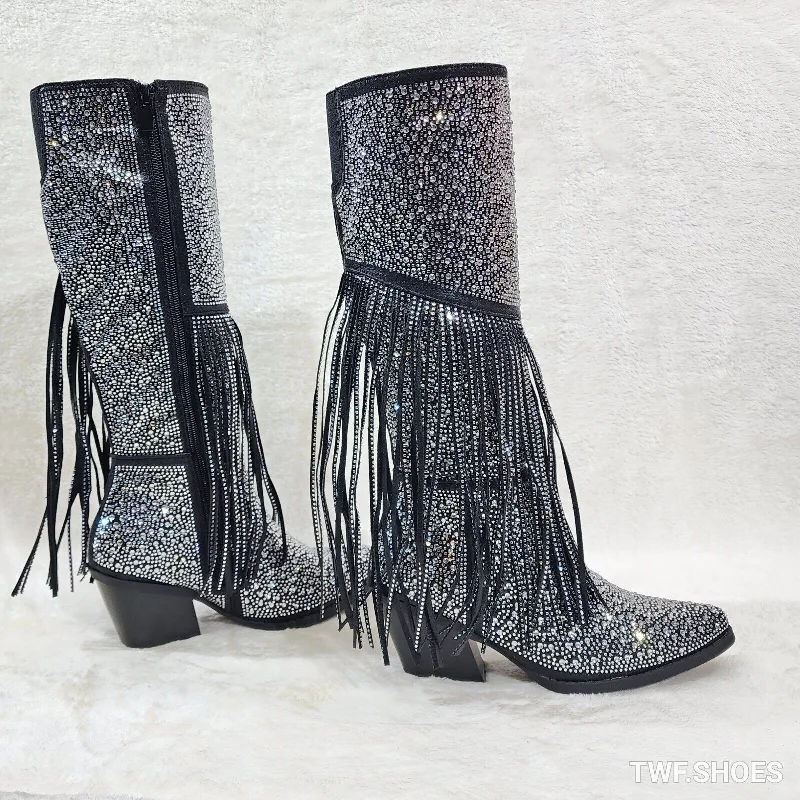 Western Diva Black Asymmetrical Fringe Rhinestone Glam Cowgirl Boots