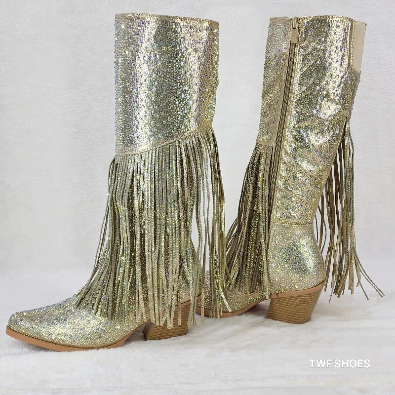 Western Diva Gold Asymmetrical Fringe Rhinestone Glam Cowgirl Boots