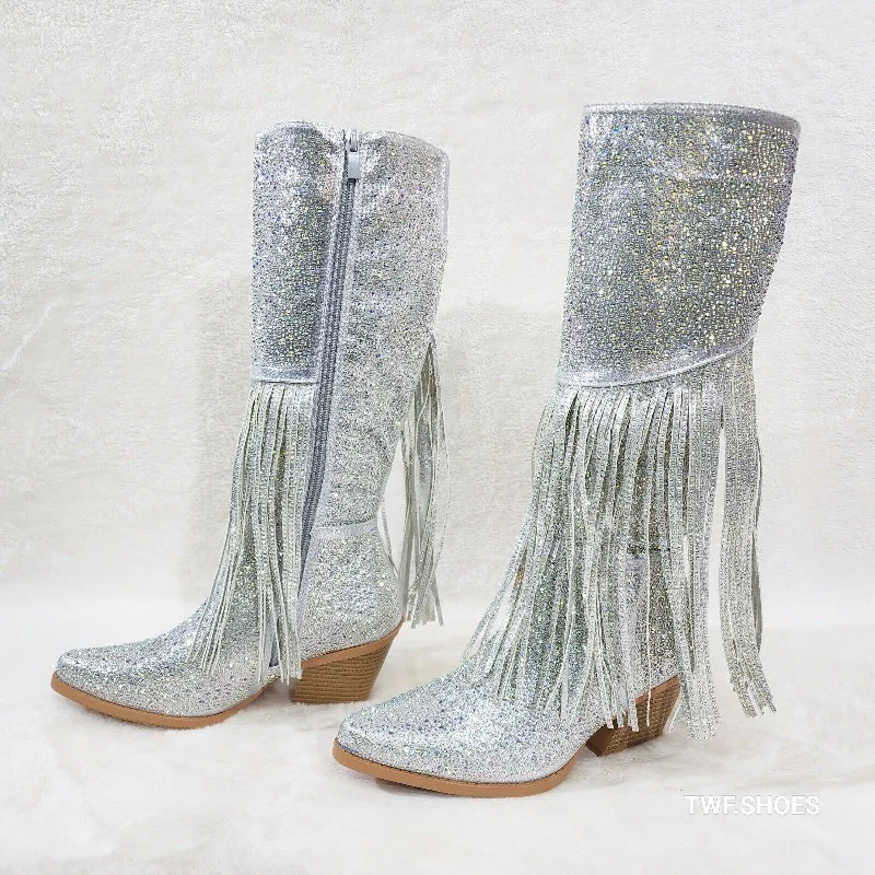 Western Diva Silver Asymmetrical Fringe Rhinestone Glam Cowgirl Boots