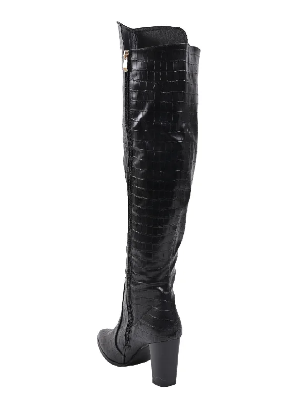 Women Black Animal Print  High-Top Boots