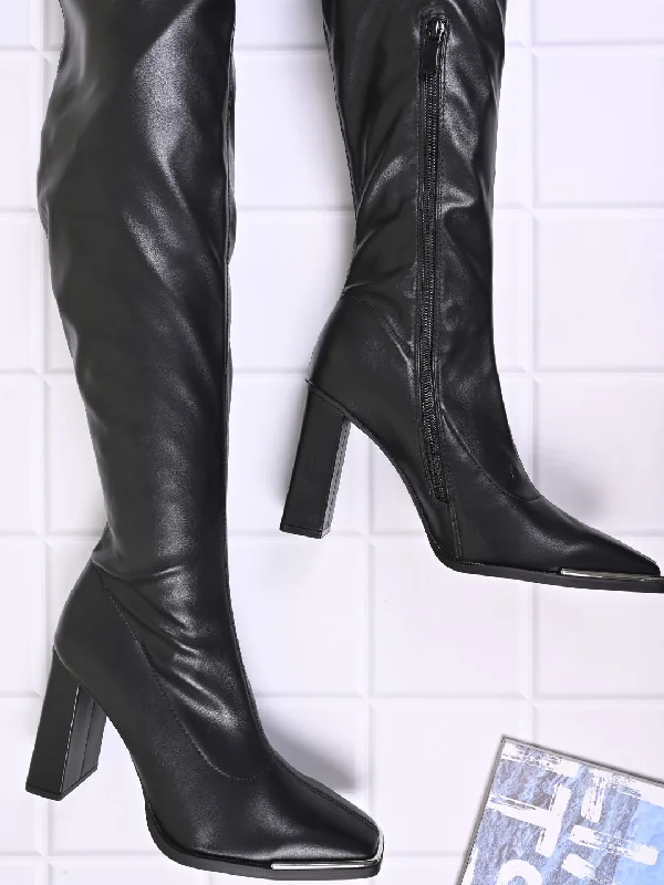 Women Black Solid High-Top Boots