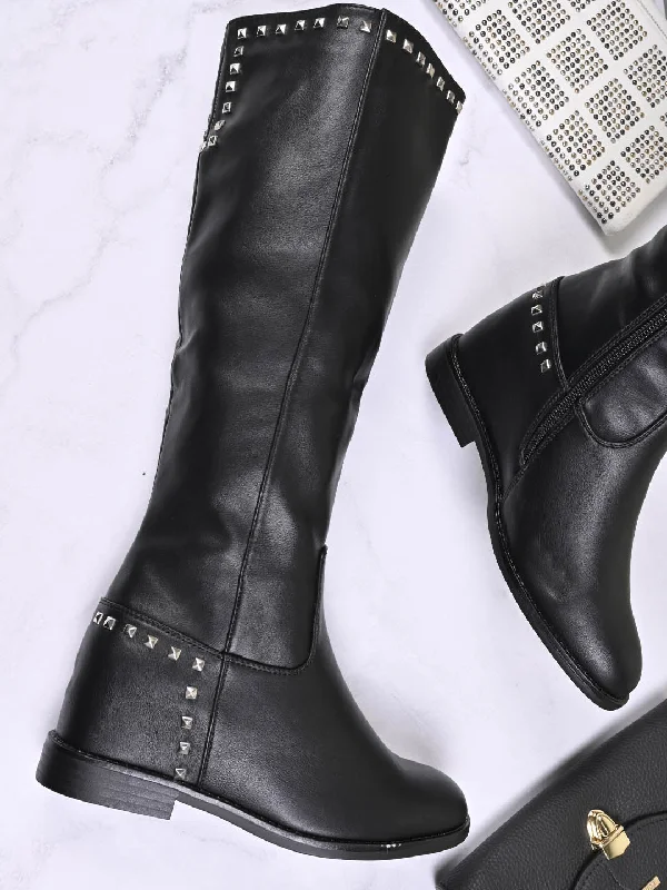 Women Black Solid High-Top Boots