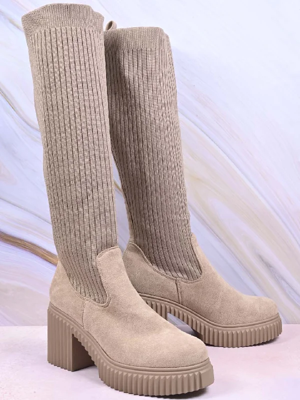 Women Khaki Striped High-Top Boots