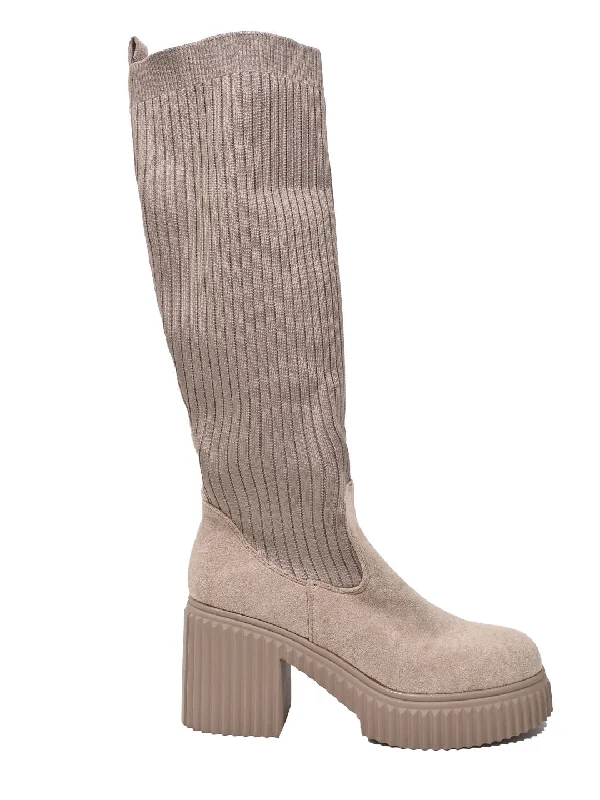 Women Khaki Striped High-Top Boots