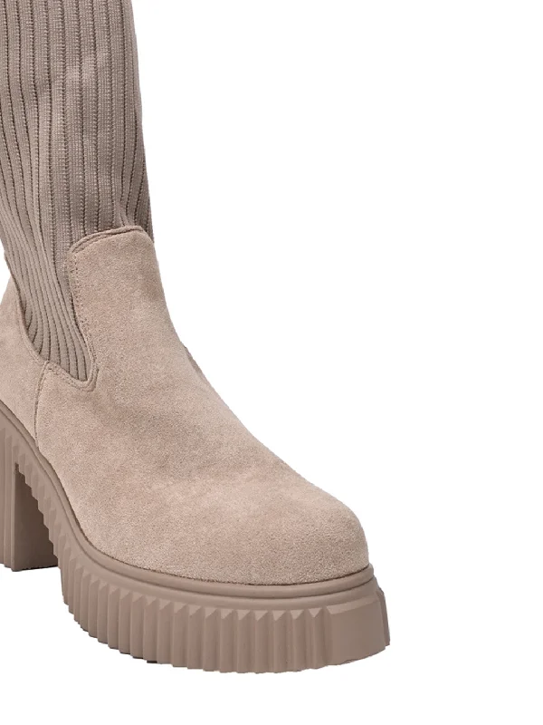 Women Khaki Striped High-Top Boots