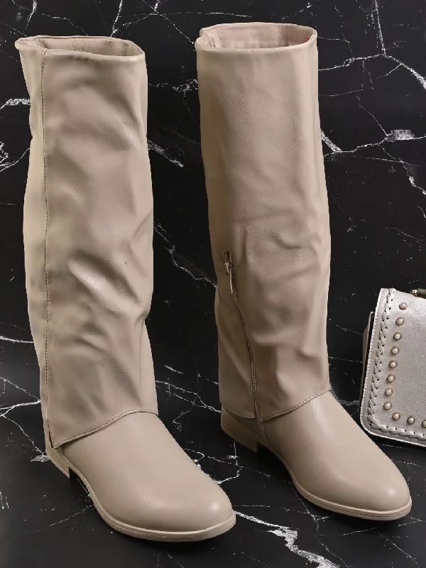 Women Khaki Solid High-Top Boots