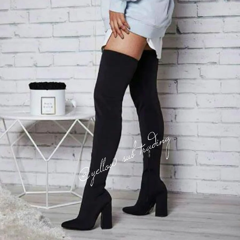 suede Chunky Heel Thigh High Sock Boots