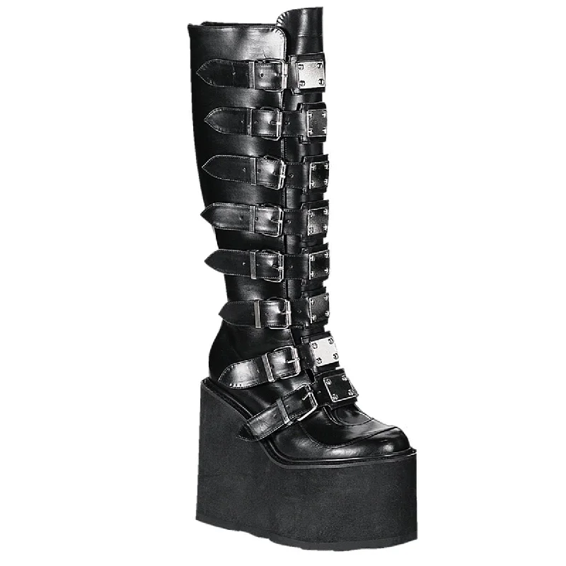 Demonia SWING-815 | Black Vegan Leather Knee High Boots