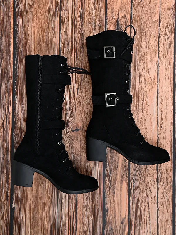 Women Black Solid High-Top Boots