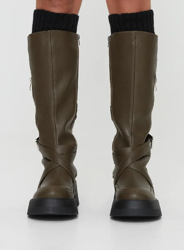 Quinn Knee High Boots Olive