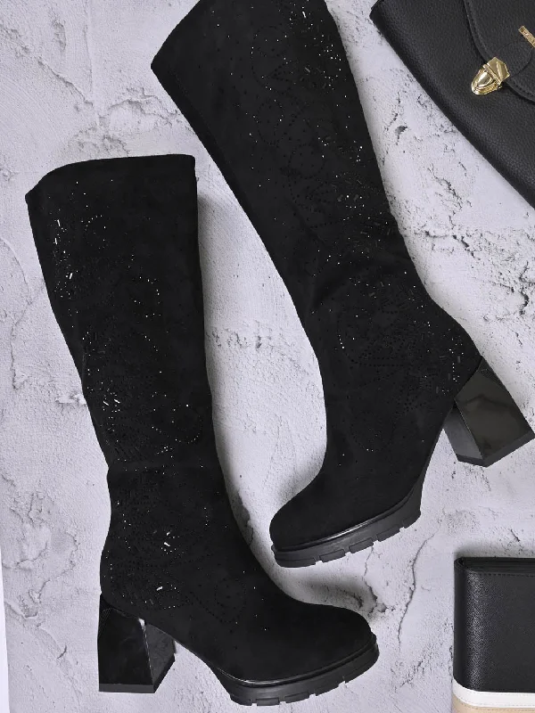 Women Black Embellished High-Top Boots