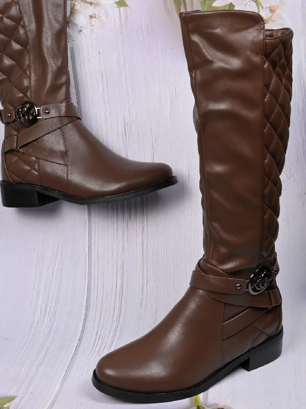 Women Coffee Brown Checked High-Top Boots